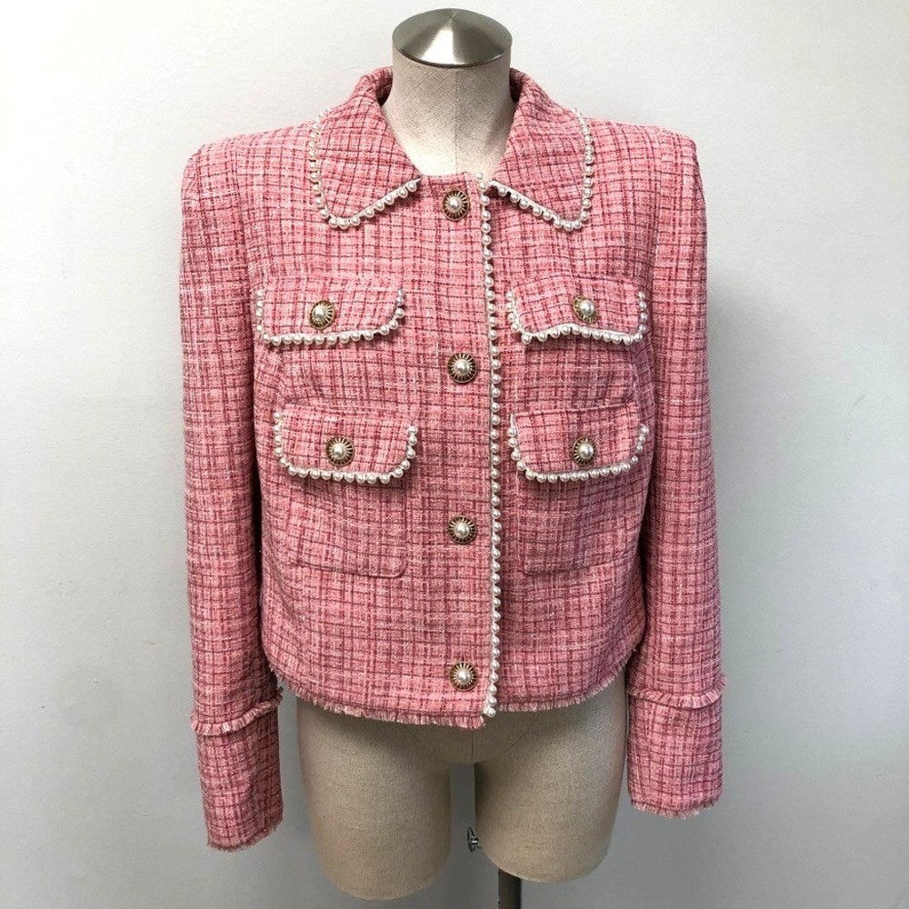 River Island Tweed Jacket Womens 10 Pink Pearl Trim Cropped Button Front Blazer